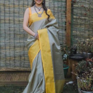 The silk Sunshine Yellow Gray Woven Designer Saree With Heavy Blouse